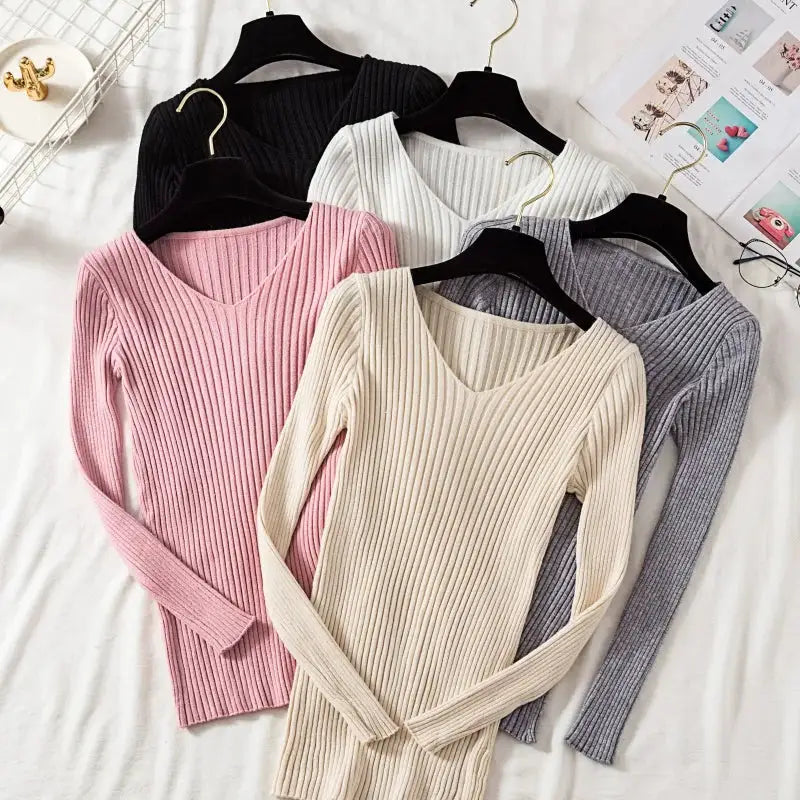 CozyWear Autumn Winter Women Knit V Neck Pullover Sweater Cotton Polyester Blend With High Stretch