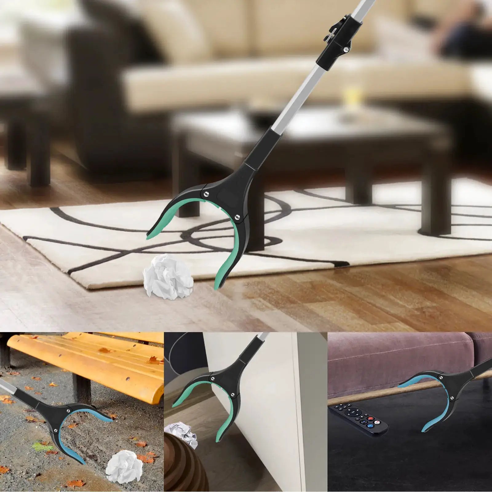Simples Market foldable litter picker with non-slip teal jaw and long aluminum shaft