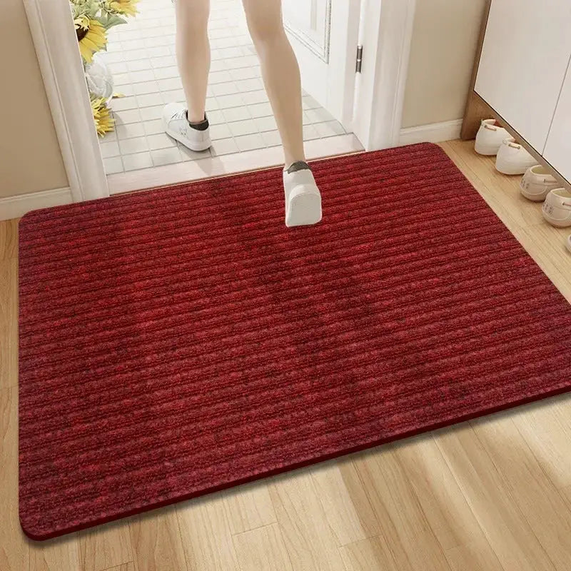 Door mat, red ribbed entrance rug for indoor/outdoor use; anti-slip and water-absorbent