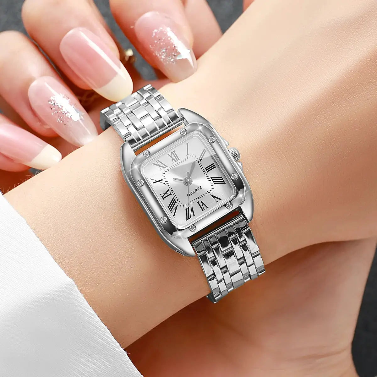 Luxury square women's quartz watch with Roman numeral dial and silver bracelet