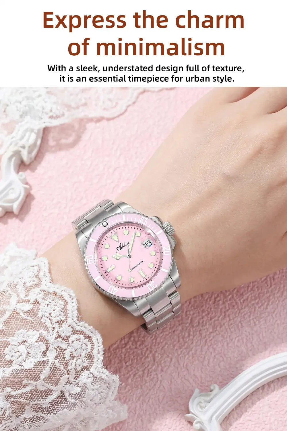 Addies New women's pink dial watch with stainless steel bracelet and pink bezel