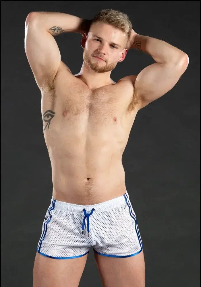 Men's white mesh gym shorts with blue piping and drawstring, breathable quick-dry athletic shorts.