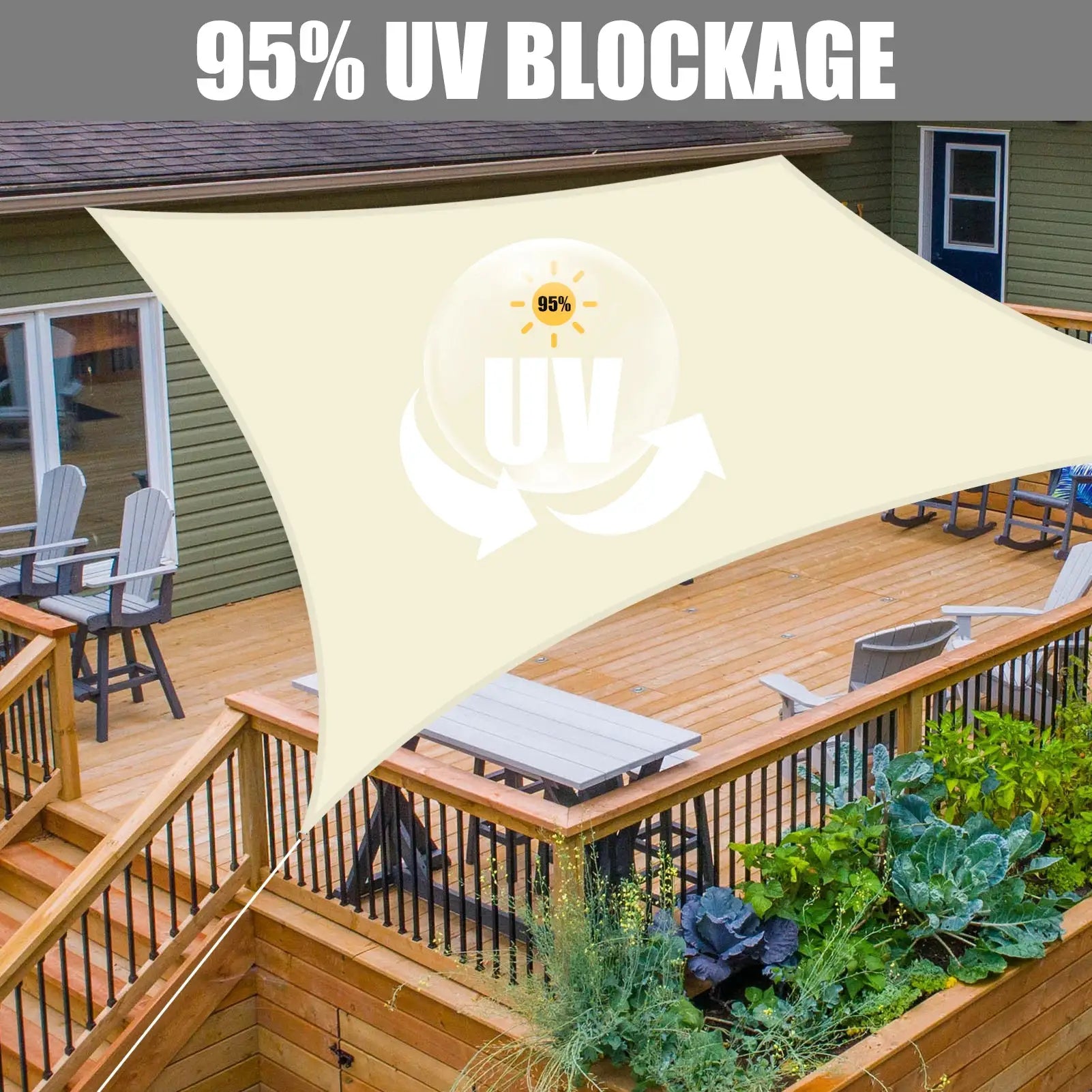 Rectangular beige sun shade sail by Simples Market, waterproof outdoor canopy over a wooden deck.
