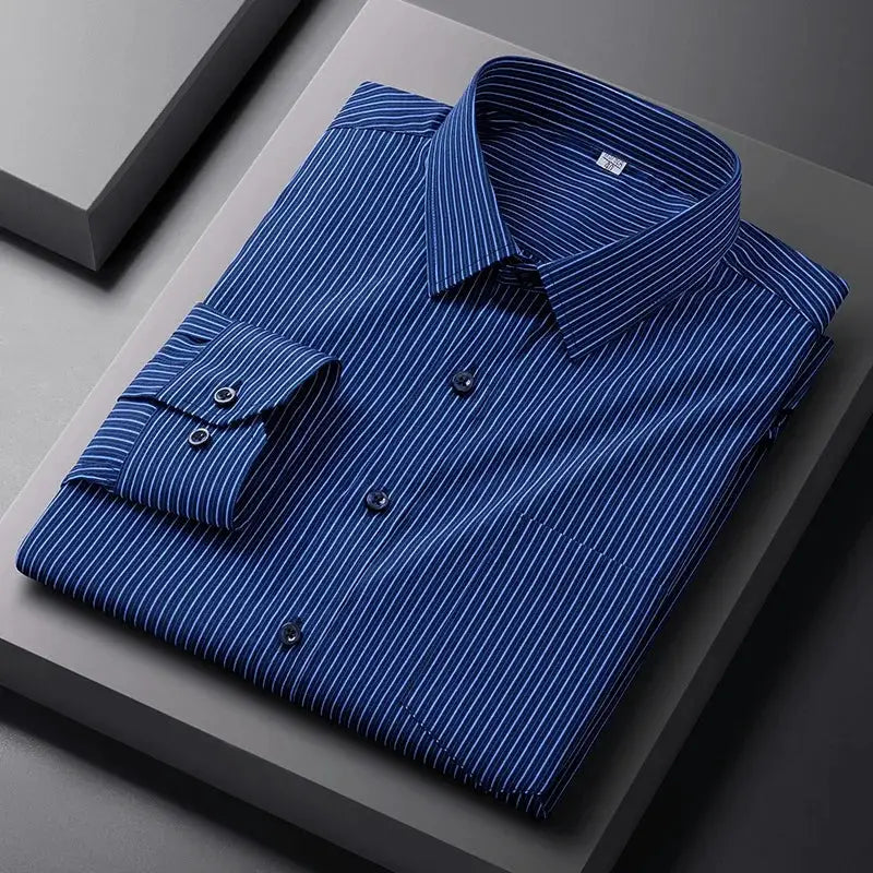 Men's blue striped long-sleeve formal shirt with pocket by Simples Market