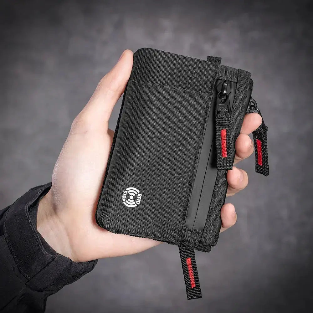 Zipper RFID Wallet mini coin purse, black nylon card holder with red zipper tabs, Simples Market