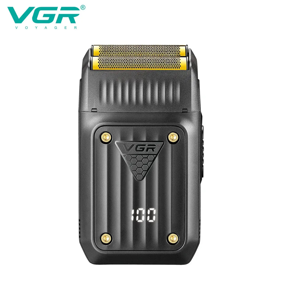VGR 363 electric shaver, black rechargeable foil razor with gold blades and digital display