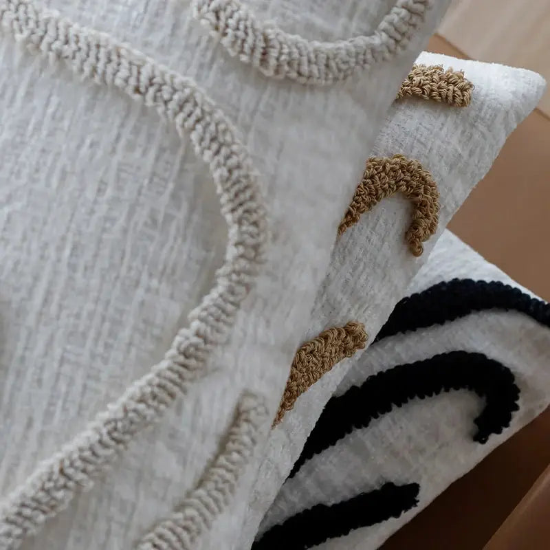 Boho chenille decorative pillow covers, set of 2, cream with tan and black geometric embroidery, 45x45, Simples Market