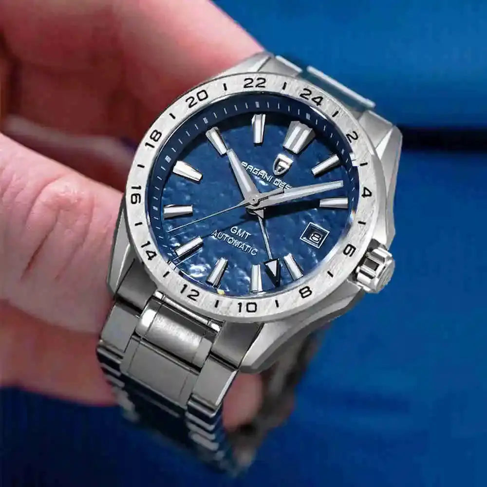 Pagani Design GMT men's stainless steel watch with blue dial, sapphire glass, 24h GMT bezel, automatic movement