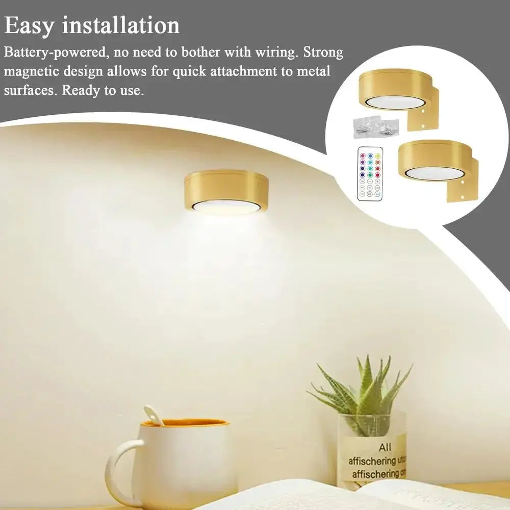 LED wall picture light by Simples Market, gold finish, 13-color RGB dimmable, battery powered, magnetic mounting.