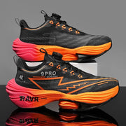 Men's running shoes, black with bright orange cushioned carbon-plate midsole for racing