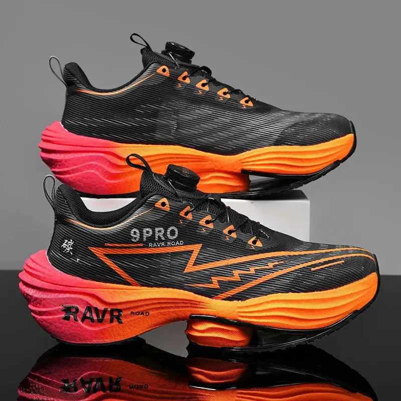 Men's running shoes, black with bright orange cushioned carbon-plate midsole for racing