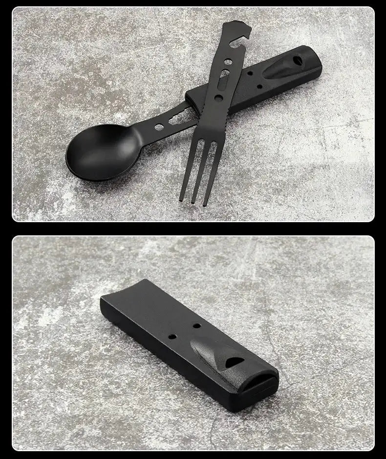 Portable camping utensil set in black stainless steel with spoon and fork, Simples Market