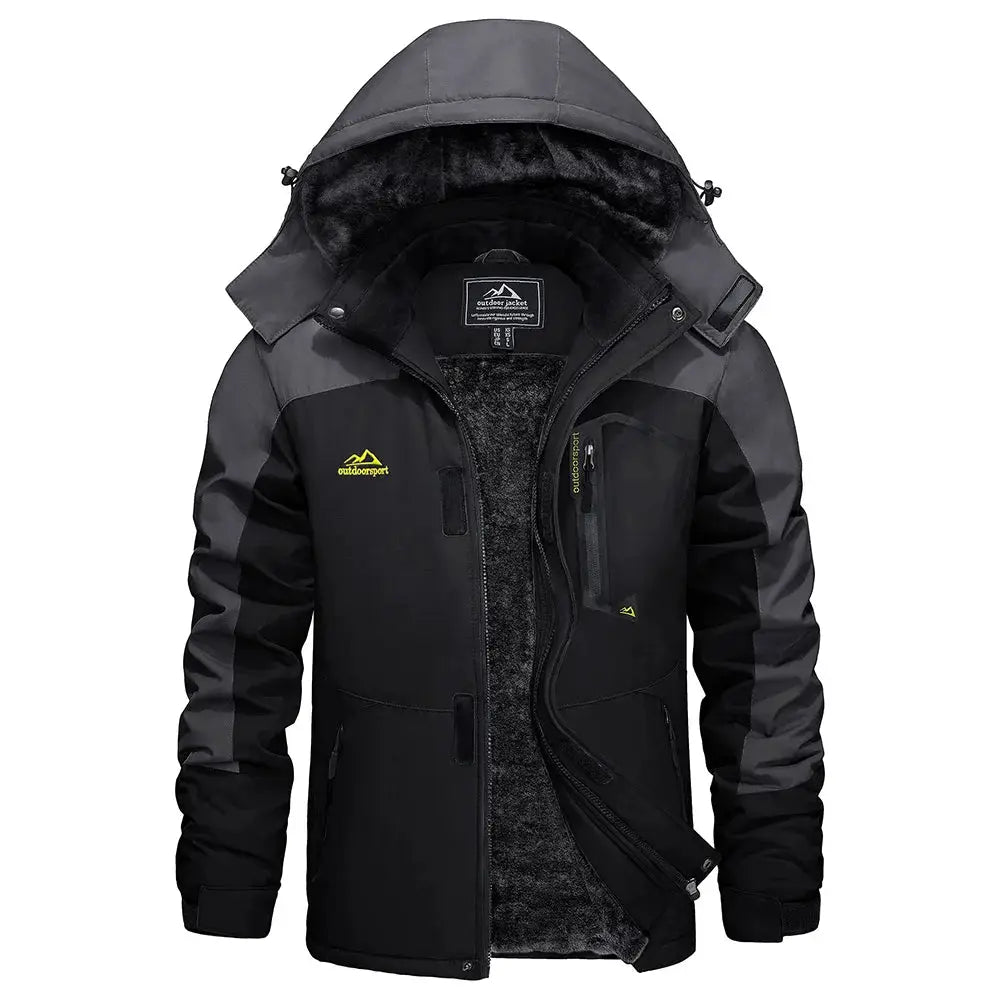 KEFITEVD men's waterproof ski jacket with fleece lining and hood, black/gray with outdoorsport logo, Simples Market