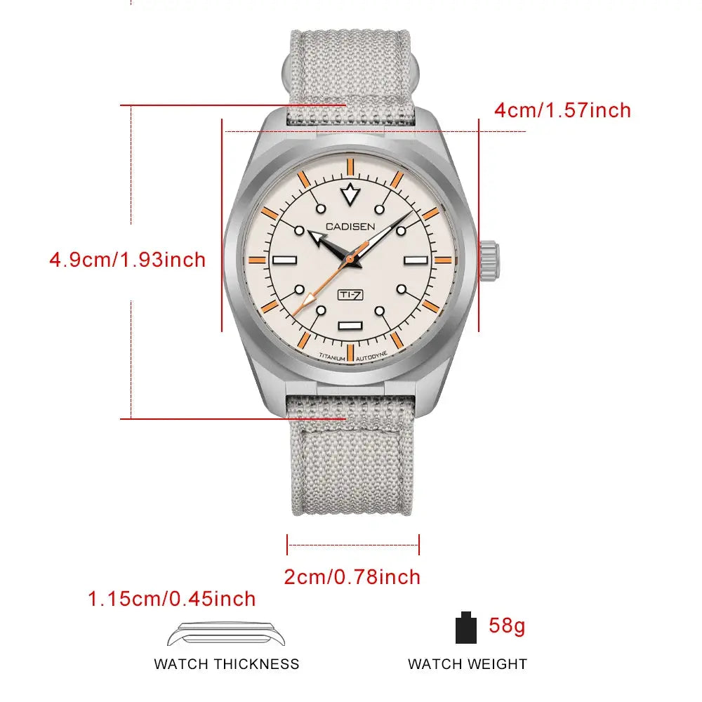 CADISEN TI-7 canvas wristwatch with titanium-steel case, beige dial and orange hour markers, Simples Market