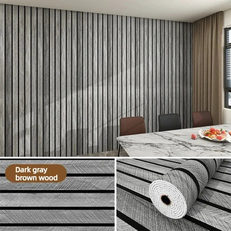 Wallpaper roll by Simples Market: dark gray brown wood grid, peel‑and‑stick, waterproof for walls and ceilings.