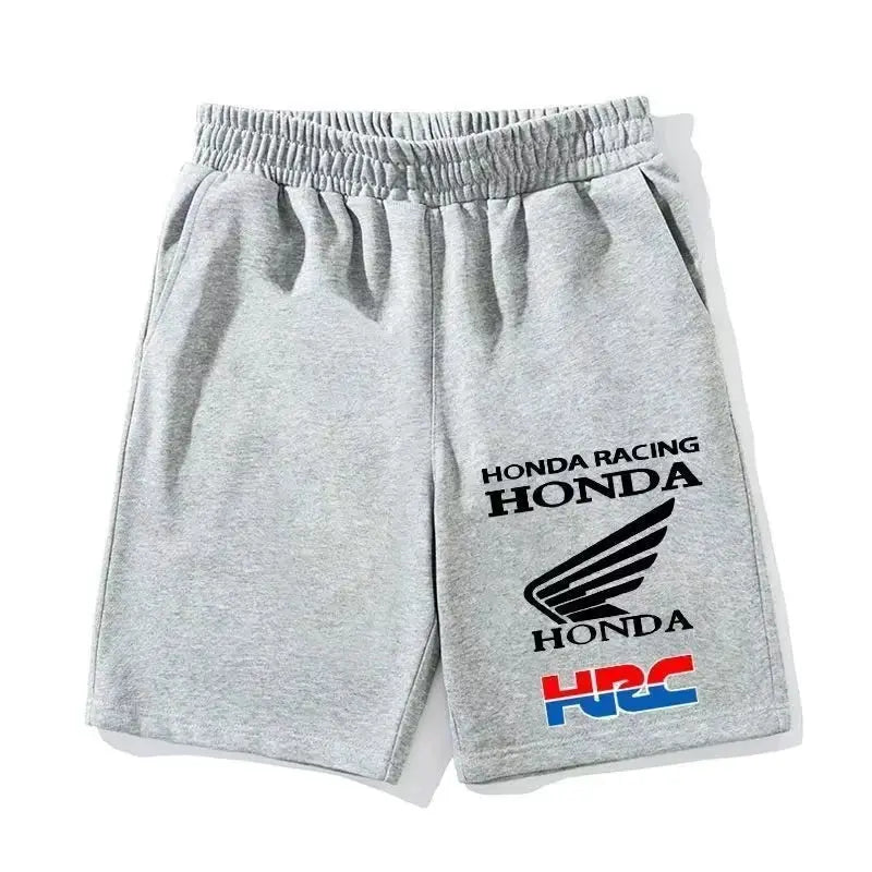 Honda Racing shorts in gray with HRC logo and Honda wing graphic; unisex athletic casual shorts