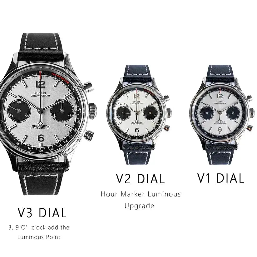 Three Sugess 1963 Pilot mechanical chronograph Panda watches on black leather straps; V3, V2, and V1 dial variants.
