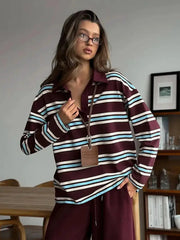 Autumn Striped Contrast Long Sleeve Polo Shirt For Women Button Lapel