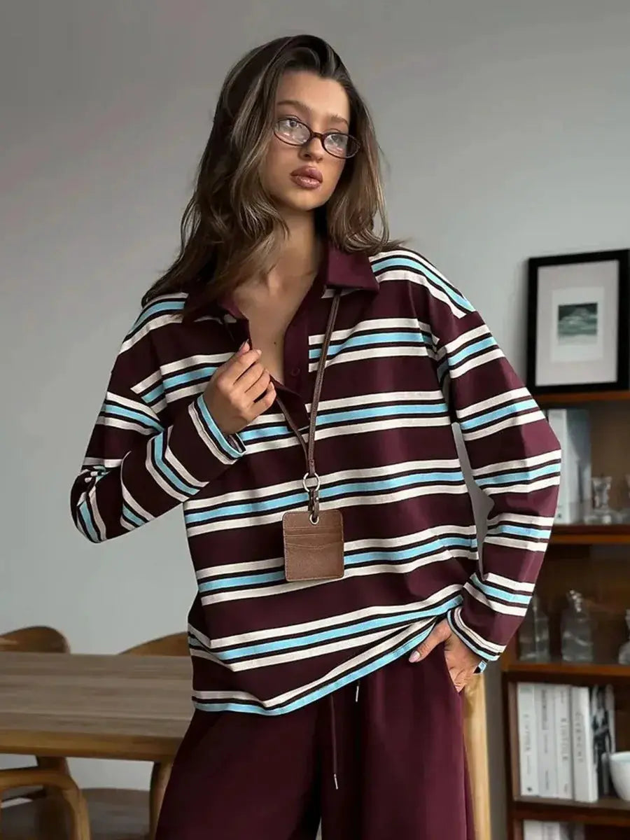 Autumn Striped Contrast Long Sleeve Polo Shirt For Women Button Lapel