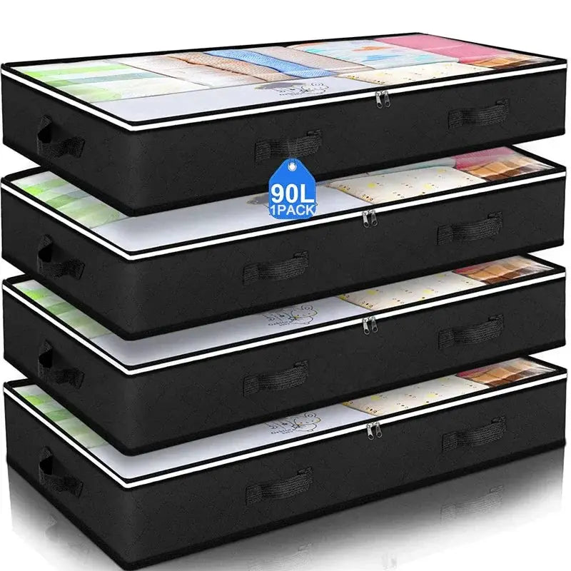 Simples Market non-woven underbed quilt storage bags set of 5 black with clear lids, zipper closures, handles
