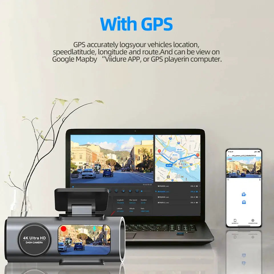 Black 4K dash cam with GPS and WiFi; front camera with built-in display shown with laptop and smartphone