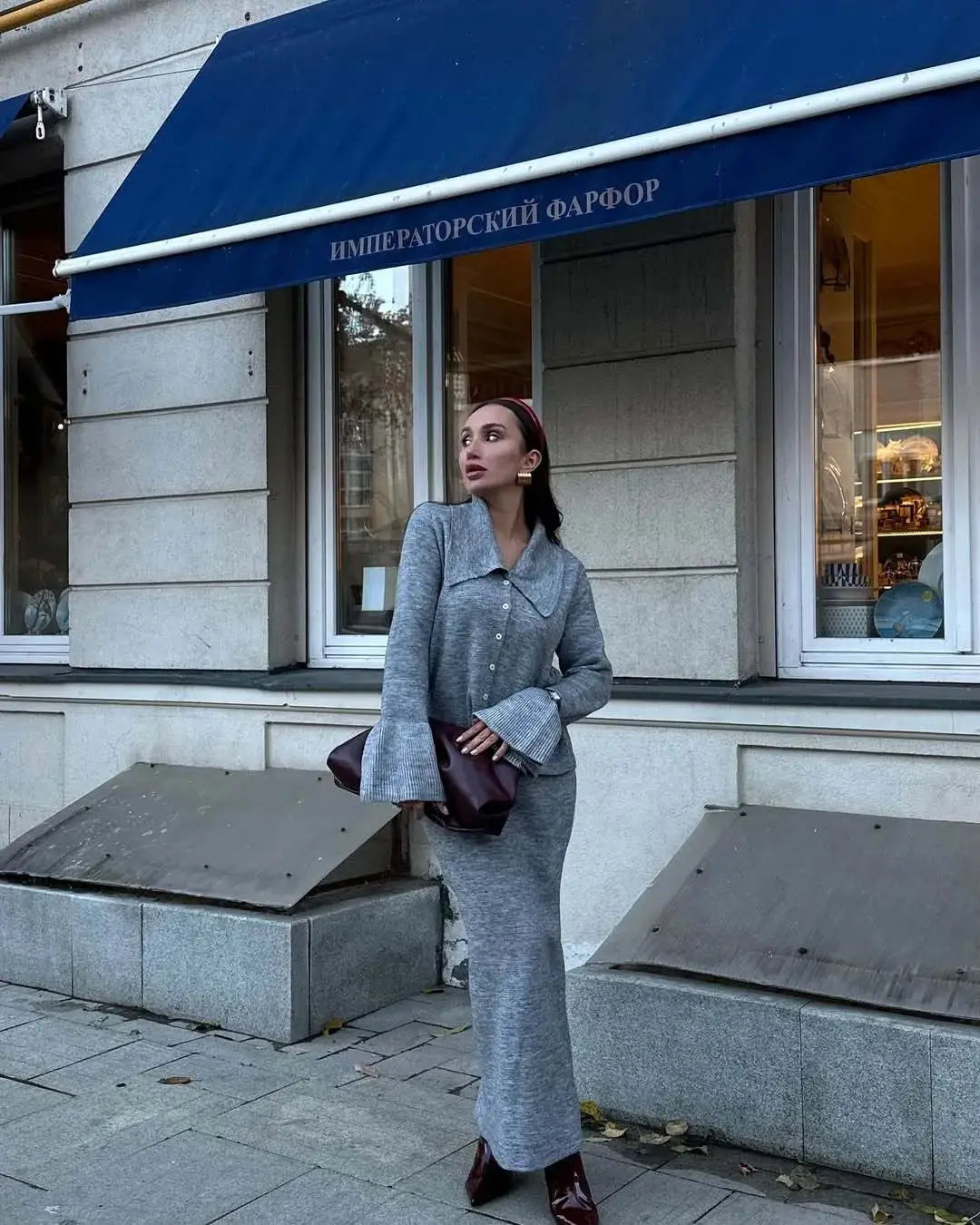 Hirsionsan Two Piece Set Women Polo Neck Cardigan And Midi Dress