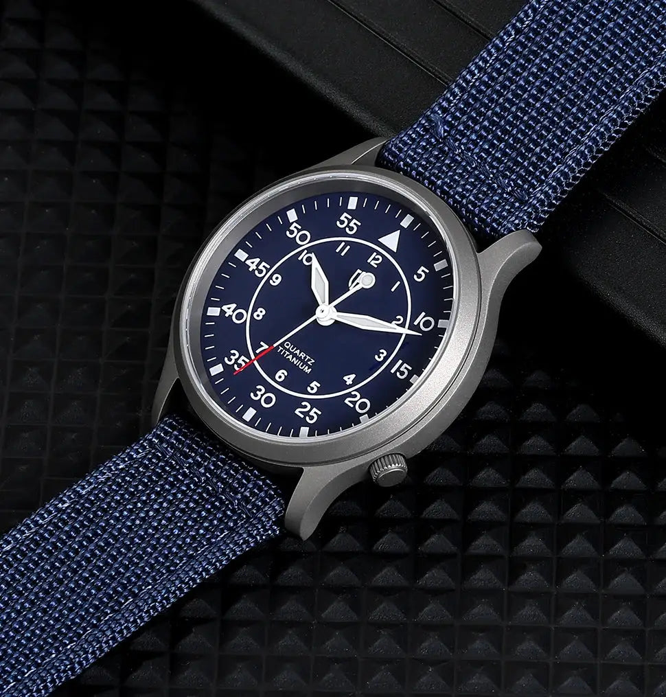 BERNY titanium watch for men with blue dial, titanium case and blue fabric strap