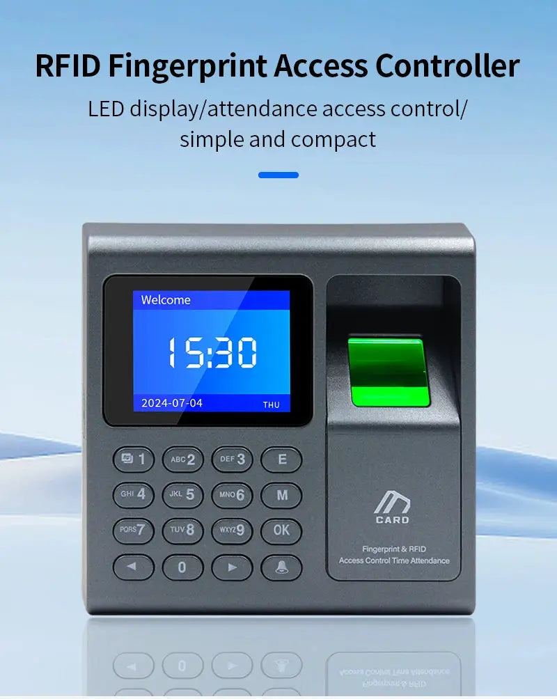 Biometric fingerprint and RFID access control system with LED display and keypad in gray metal.