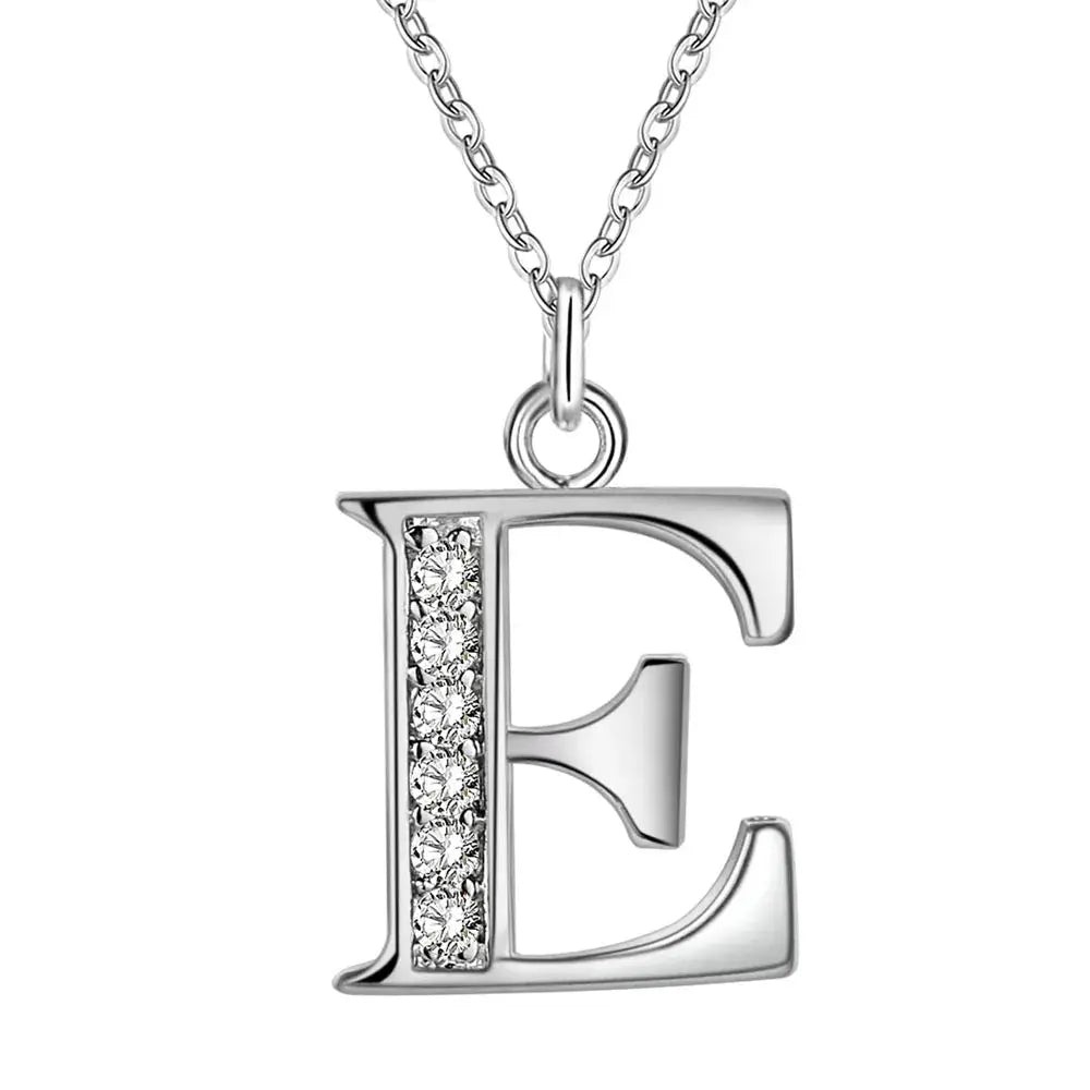 Letter E pendant in 925 sterling silver with zircon stones on vertical bar, Simples Market necklace