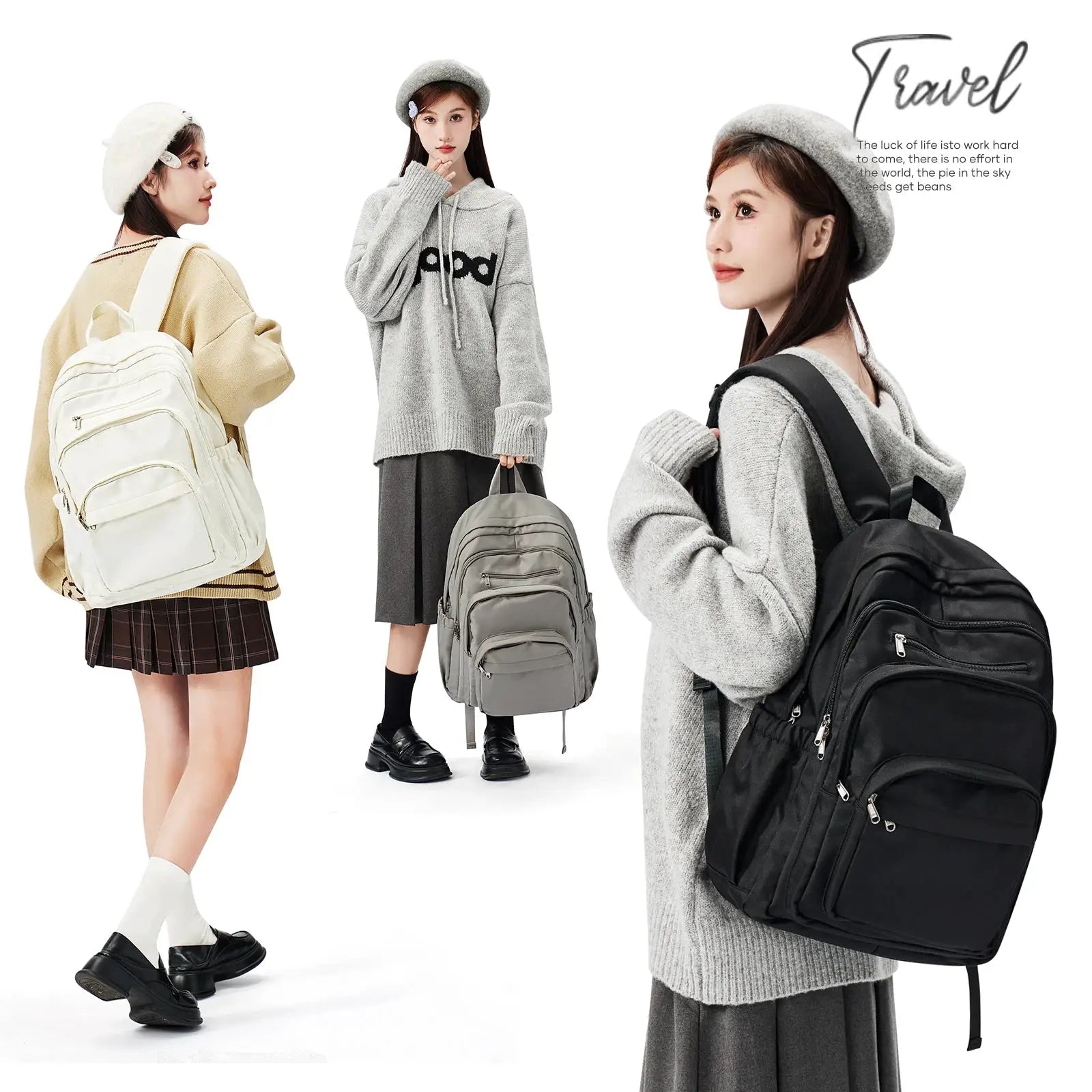 Backpacks for teens: white, gray and black multipocket school bags worn by three models