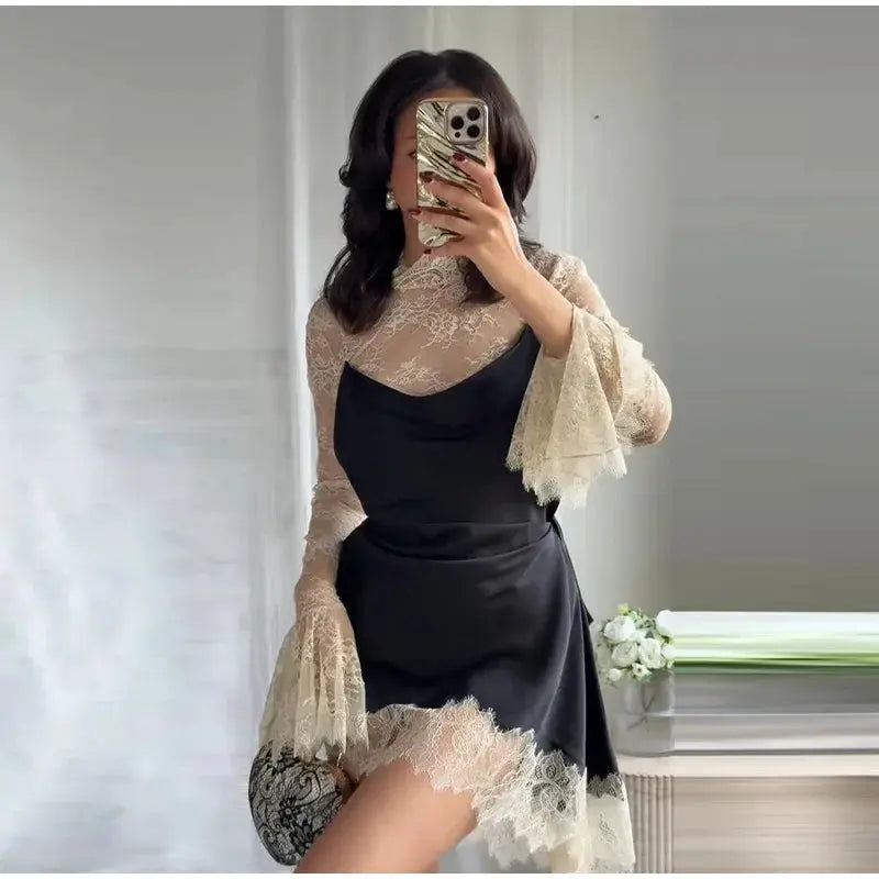 Elegant Satin Dress With Lace Trim For Women High Neck Color Block Y2K