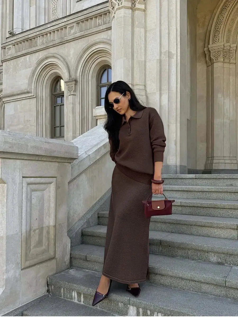 Hirsionsan Winter Women Knitted Set Polo Neck Sweater Wide Leg Pants