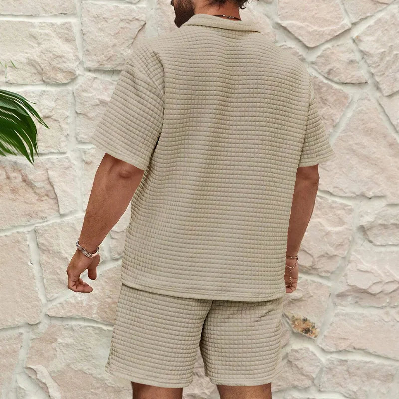 2024European and American Men's Spring and Summer Trends Youth Outdoor Lapel Small Plaid Short Sleeve Shorts Sports Suit