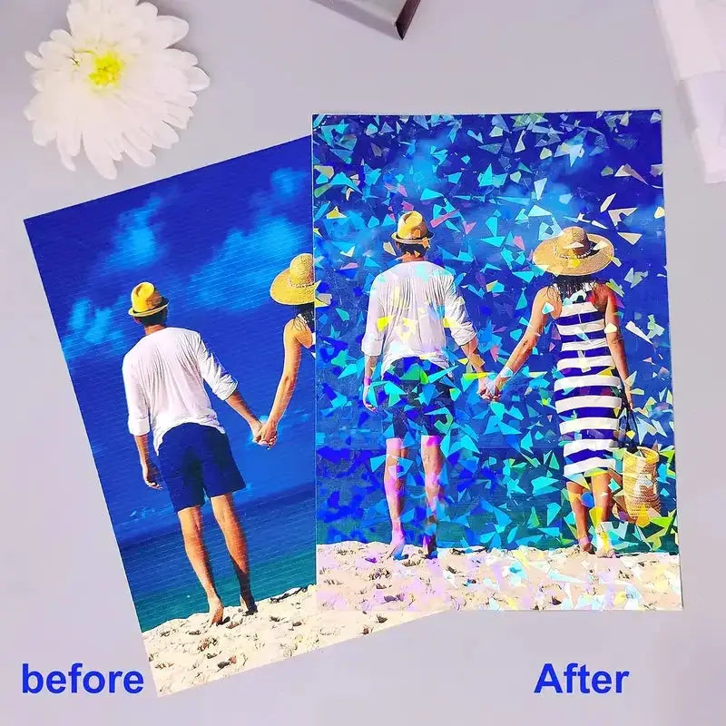 20 sheets holographic PVC sticker paper, A4 mix (Rainbow, Broken Glass, Stars, Dots) showing before/after beach photo