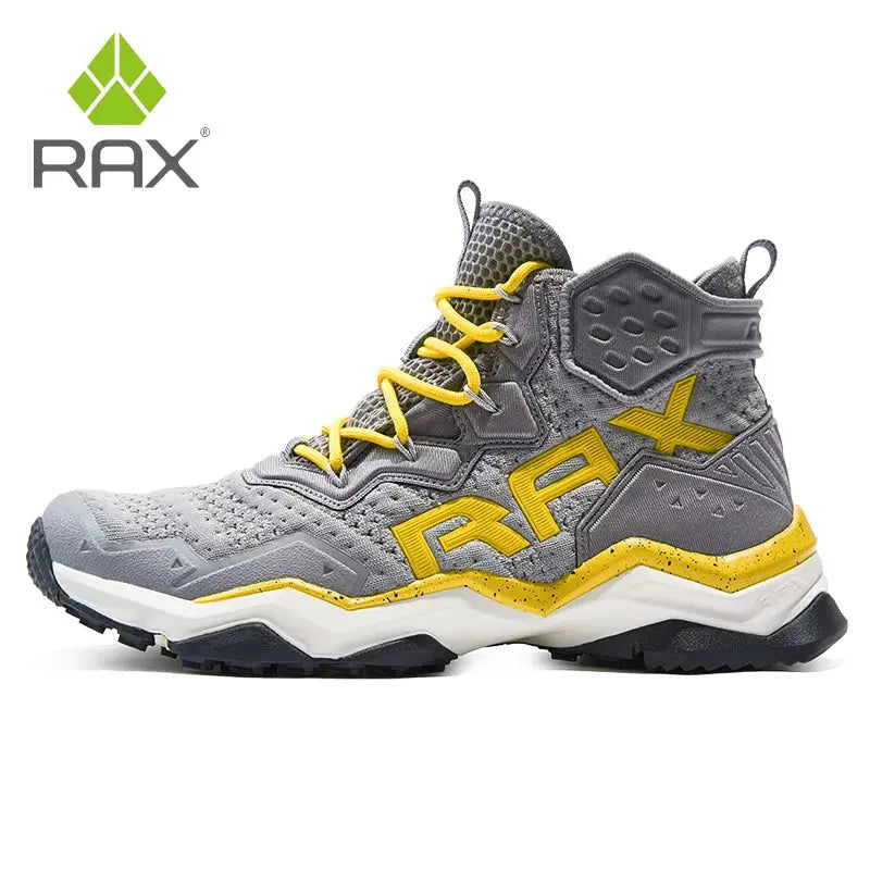 RAX men's waterproof breathable hiking boot, gray upper with yellow accents and rugged outsole