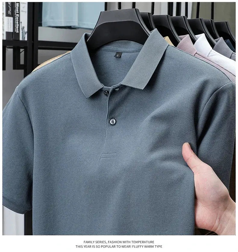 Simples Market men's polo shirt, blue-gray 100% cotton with silk-like finish; six color options on display