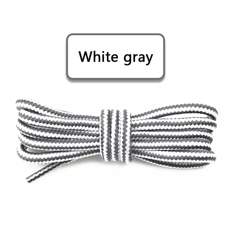 Round cotton striped shoelaces in white and gray for boots and sneakers, 1 pair.