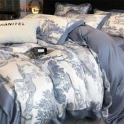 Simples Market eucalyptus Lyocell bedding set in blue/white toile with forest motifs, duvet cover, sheets pillowcases