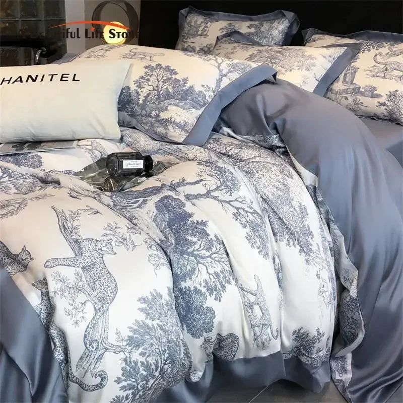 Simples Market eucalyptus Lyocell bedding set in blue/white toile with forest motifs, duvet cover, sheets pillowcases