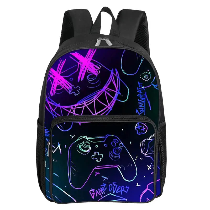 GamePad pattern square front-pocket backpack for kids with neon controller art on black fabric Simples Market