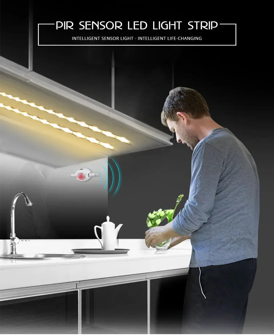 Under-cabinet PIR motion-sensor warm-white LED light strip for kitchen cabinets, 12V DC