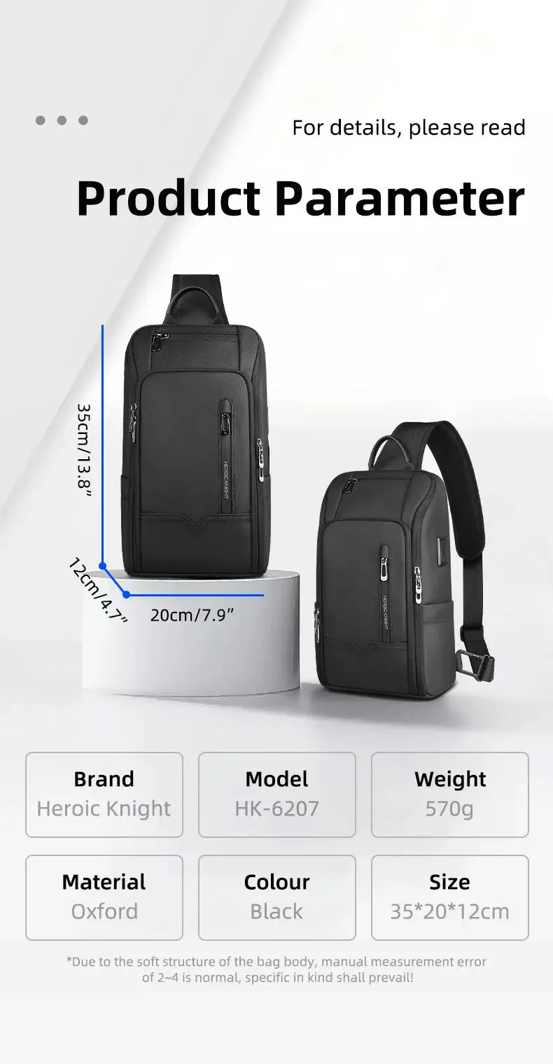 HK anti-theft men's shoulder bag, black Oxford crossbody with USB port and multiple pockets.