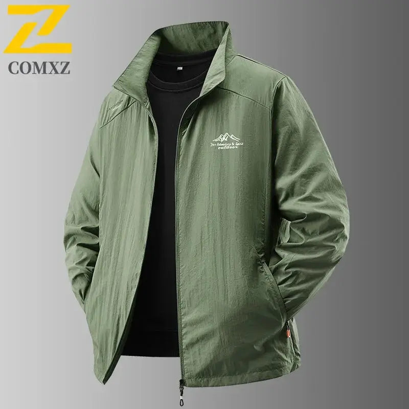 Men's olive-green ultralight UV-protective sun protection jacket with COMXZ logo.