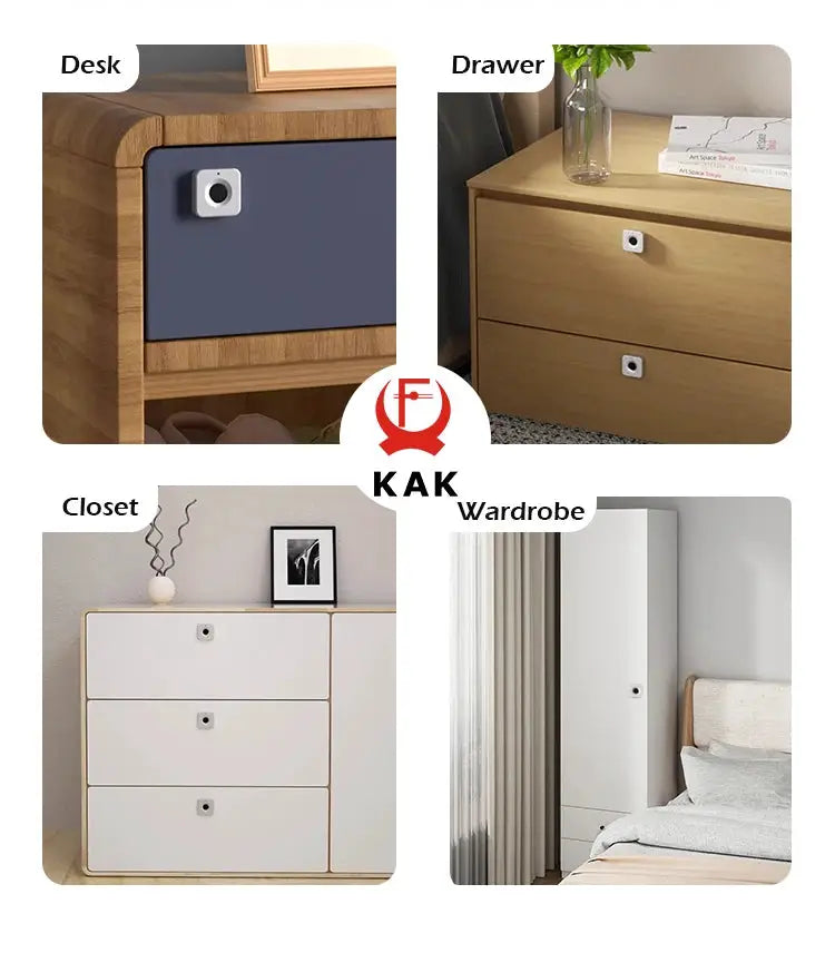 KAK Biometric Fingerprint Lock, white keyless furniture security shown on desk, drawer, closet, wardrobe