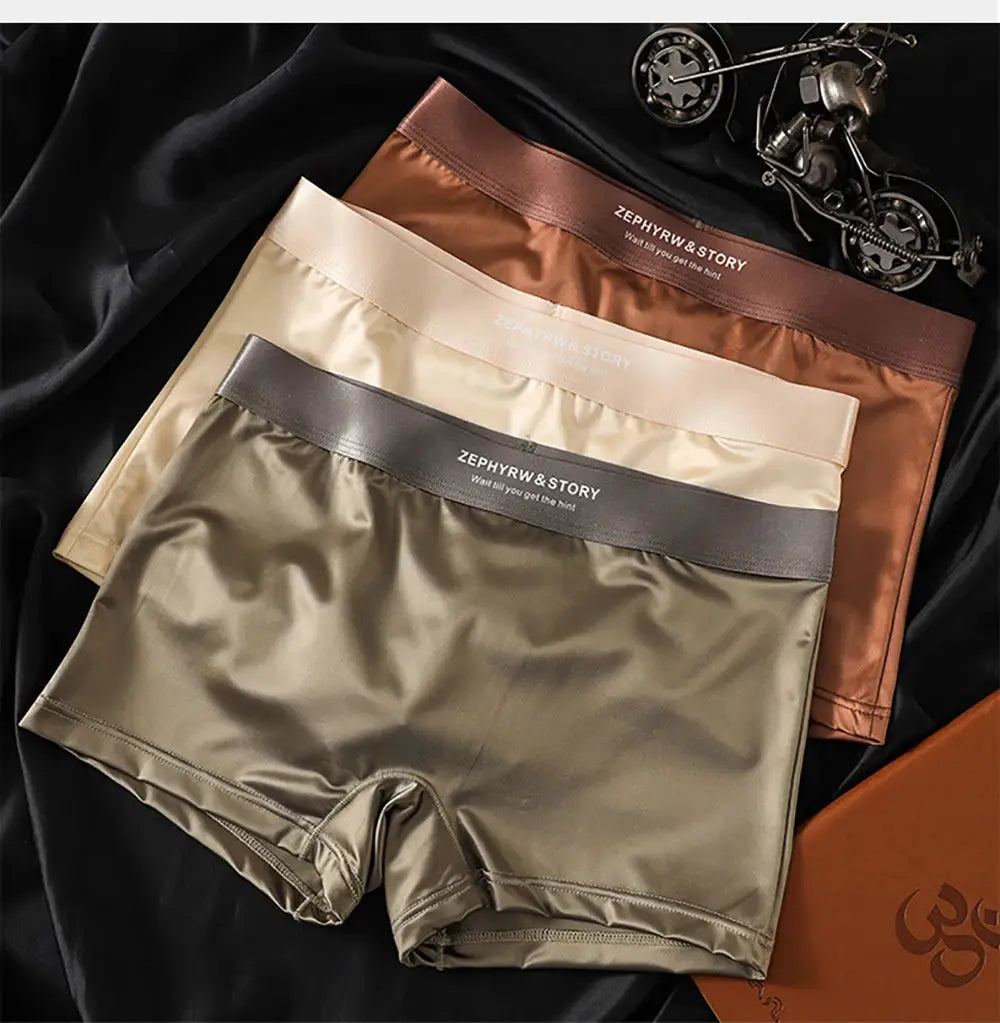 Three-piece Simples Market women's satin panties in bronze, champagne, and taupe with double-layer breathable mesh crotch