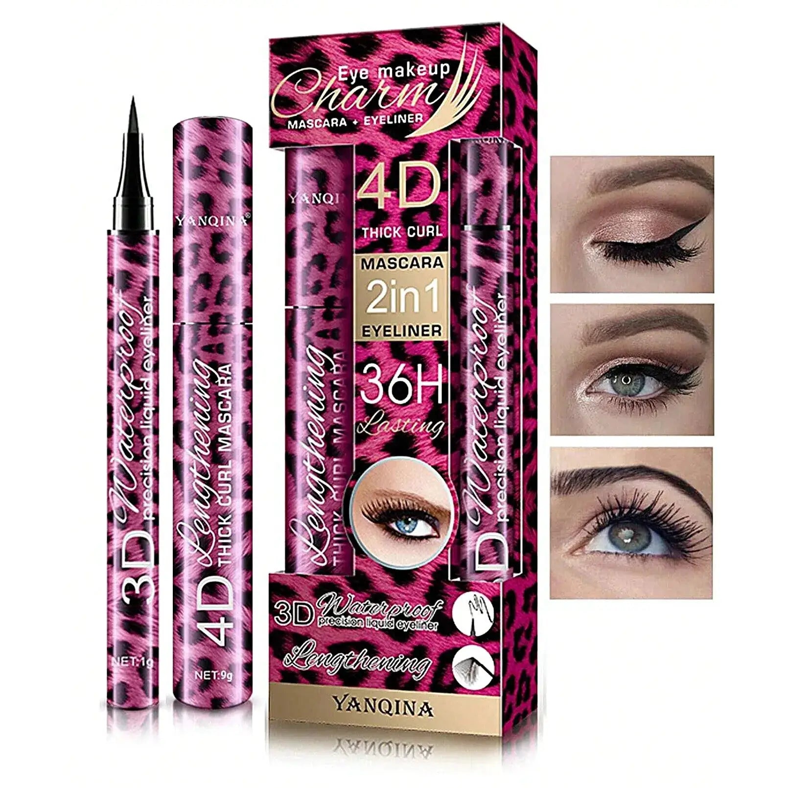 YANQINA All-In-One Eye Makeup Set With 4D Waterproof Eyeliner Pencil Thick Curling Mascara Defining Eyebrow Pencil