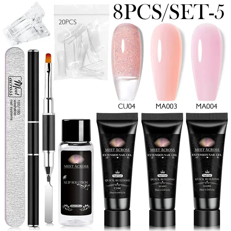 Simples Market MEET ACROSS extension nail gel kit; includes 3 gel tubes, slip solution, file, brush and 20-piece tips.
