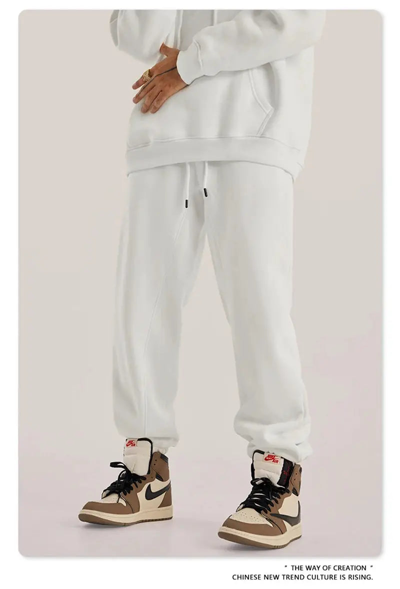 ZODF Trendy Men 345gsm fleece sweatpants, white, unisex loose retro joggers with drawstring