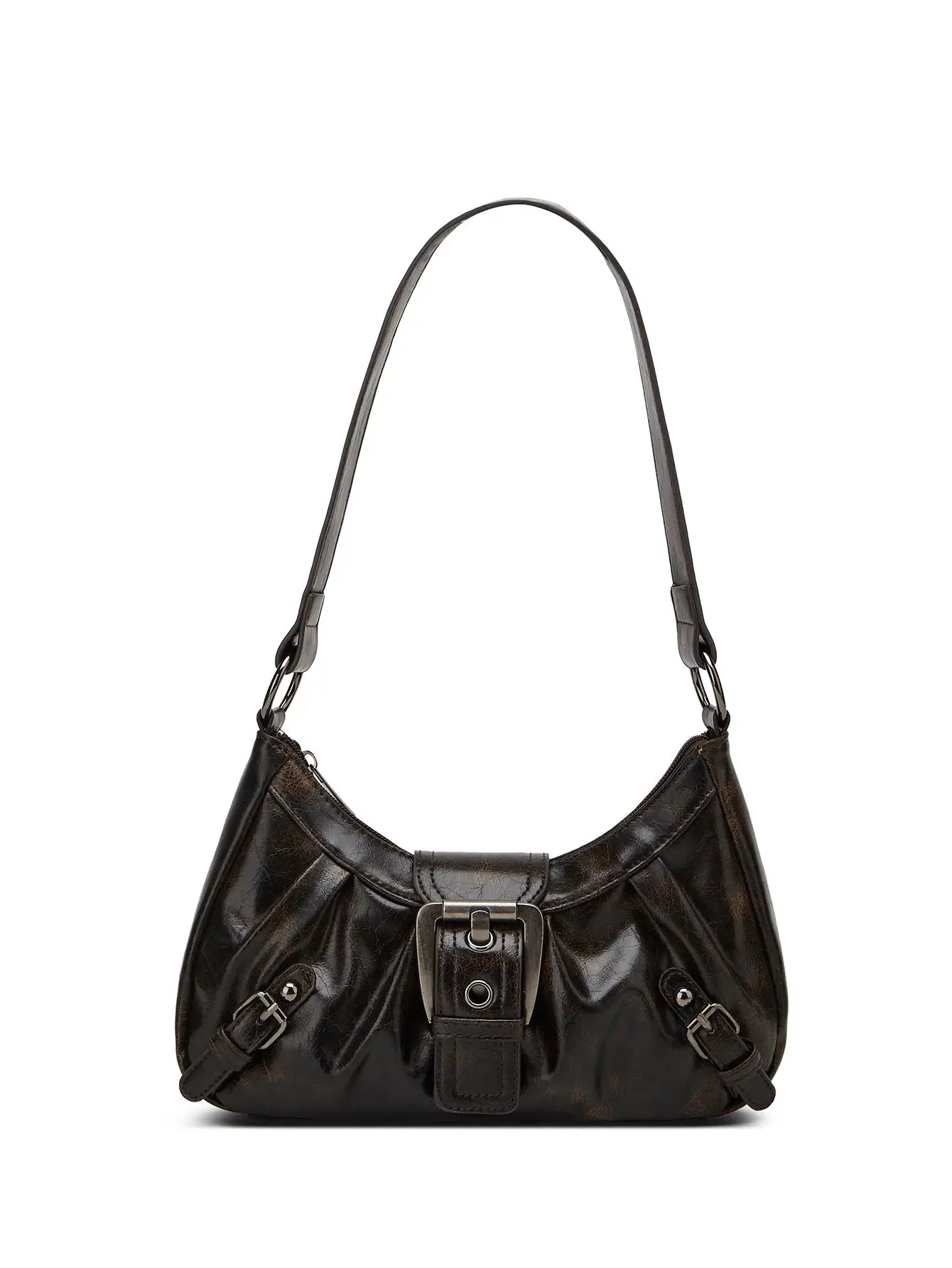 Y2K retro style shoulder bag in dark brown glossy leather with front buckle and rivet hardware