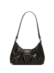Y2K retro style shoulder bag in dark brown glossy leather with front buckle and rivet hardware